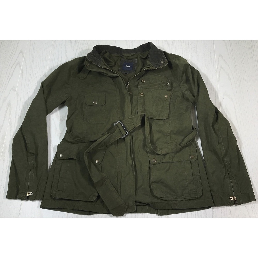 Y2K Gap Jacket Women Small Army Green Utility Work Belted Multi Pockets Military